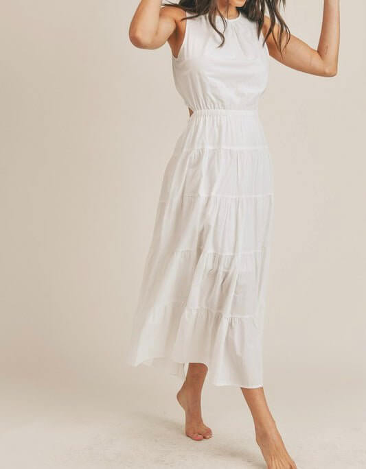 cut out elastic waist maxi dress Express Plus Size Women's Cotton Poplin Cutout Drop Waist Smocked Back Maxi Dress With Pockets in Pink XL