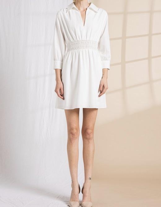 The Dorothy Dress: Solid Collar V Neck Waist Smocked Mini Dress - MomQueenBoutique