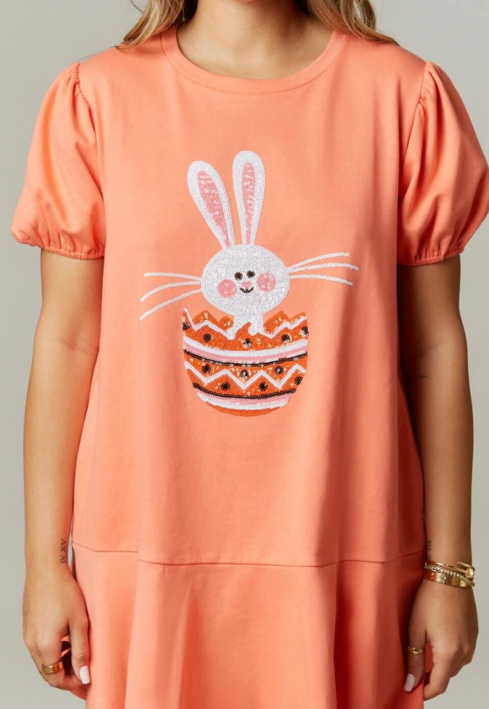 The Easter Bunny Dress: Sequin Bunny Short Sleeve Eatser Dress - MomQueenBoutique