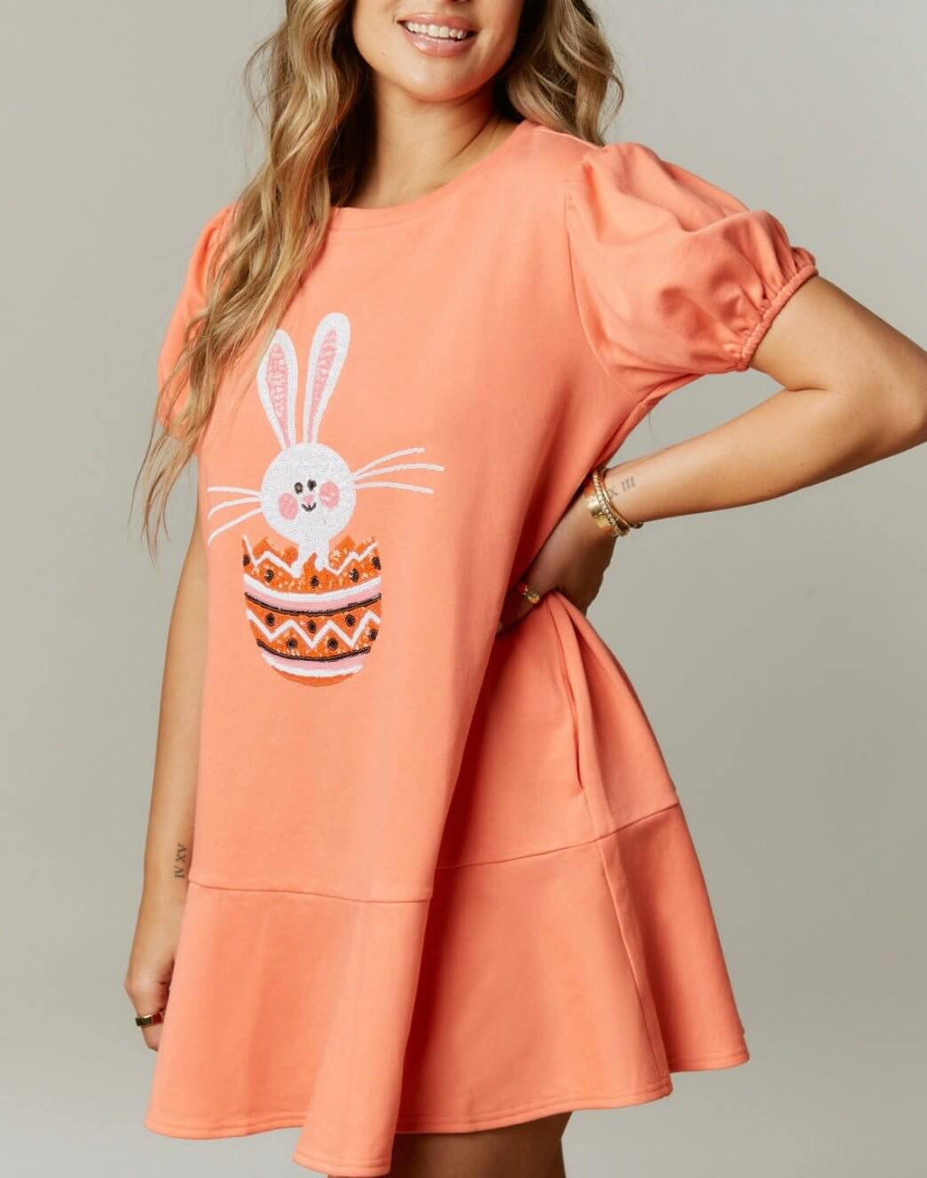The Easter Bunny Dress: Sequin Bunny Short Sleeve Eatser Dress - MomQueenBoutique