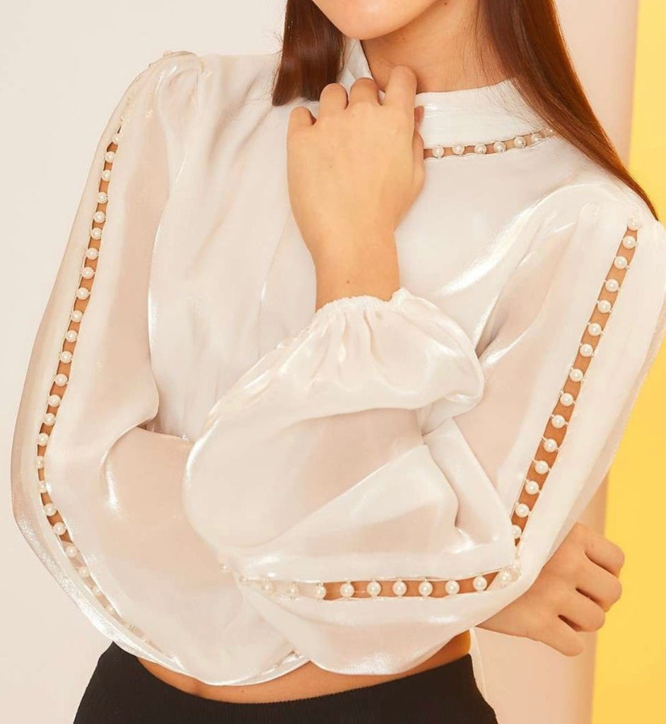 The Elise Blouse: Backless Cropped Log Sleeve Pearl Accent Blouse - MomQueenBoutique