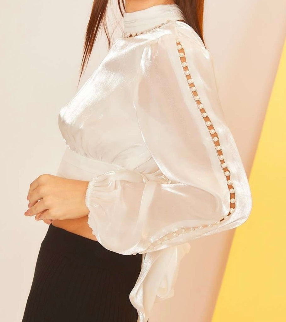 The Elise Blouse: Backless Cropped Log Sleeve Pearl Accent Blouse - MomQueenBoutique