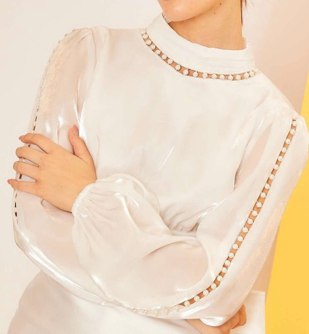 The Elise Blouse: Backless Cropped Log Sleeve Pearl Accent Blouse - MomQueenBoutique