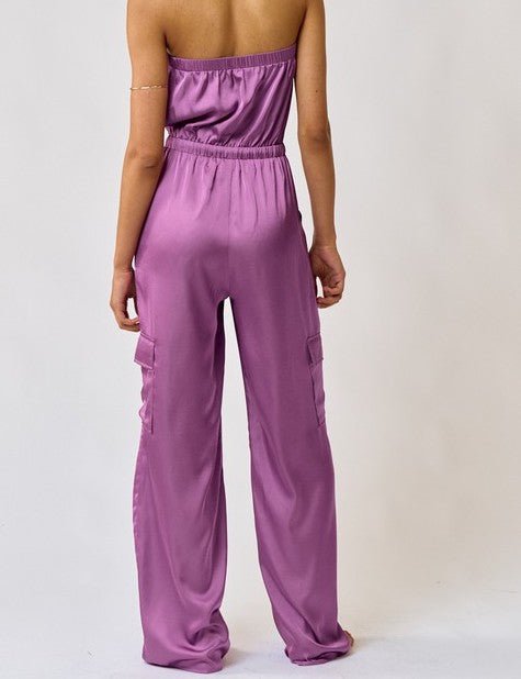 The Evelyn Jumpsuit: Purple Silky Strapless Jumpsuit - MomQueenBoutique