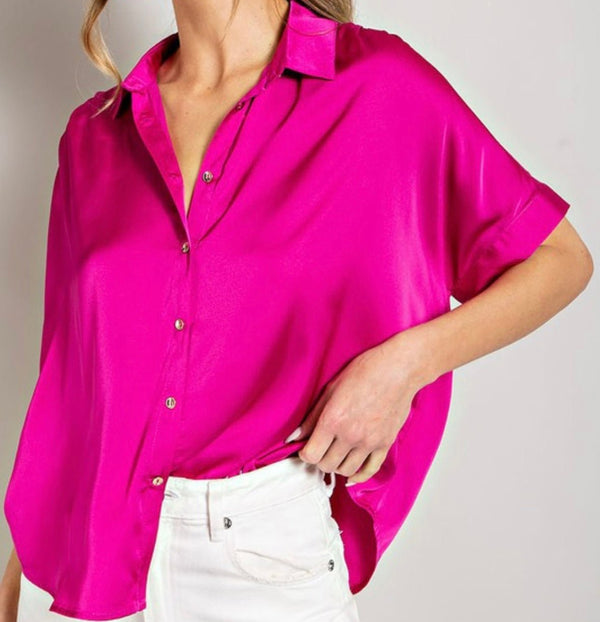 The Felecity Blouse: Sating Short Sleeve Pink Blouse - MomQueenBoutique