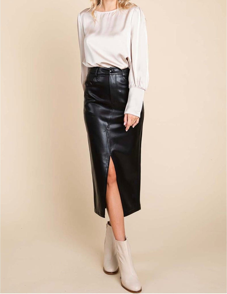 The Ferra Skirt: Pleather Midi Skirt - MomQueenBoutique