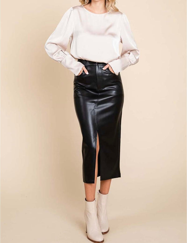 The Ferra Skirt: Pleather Midi Skirt - MomQueenBoutique
