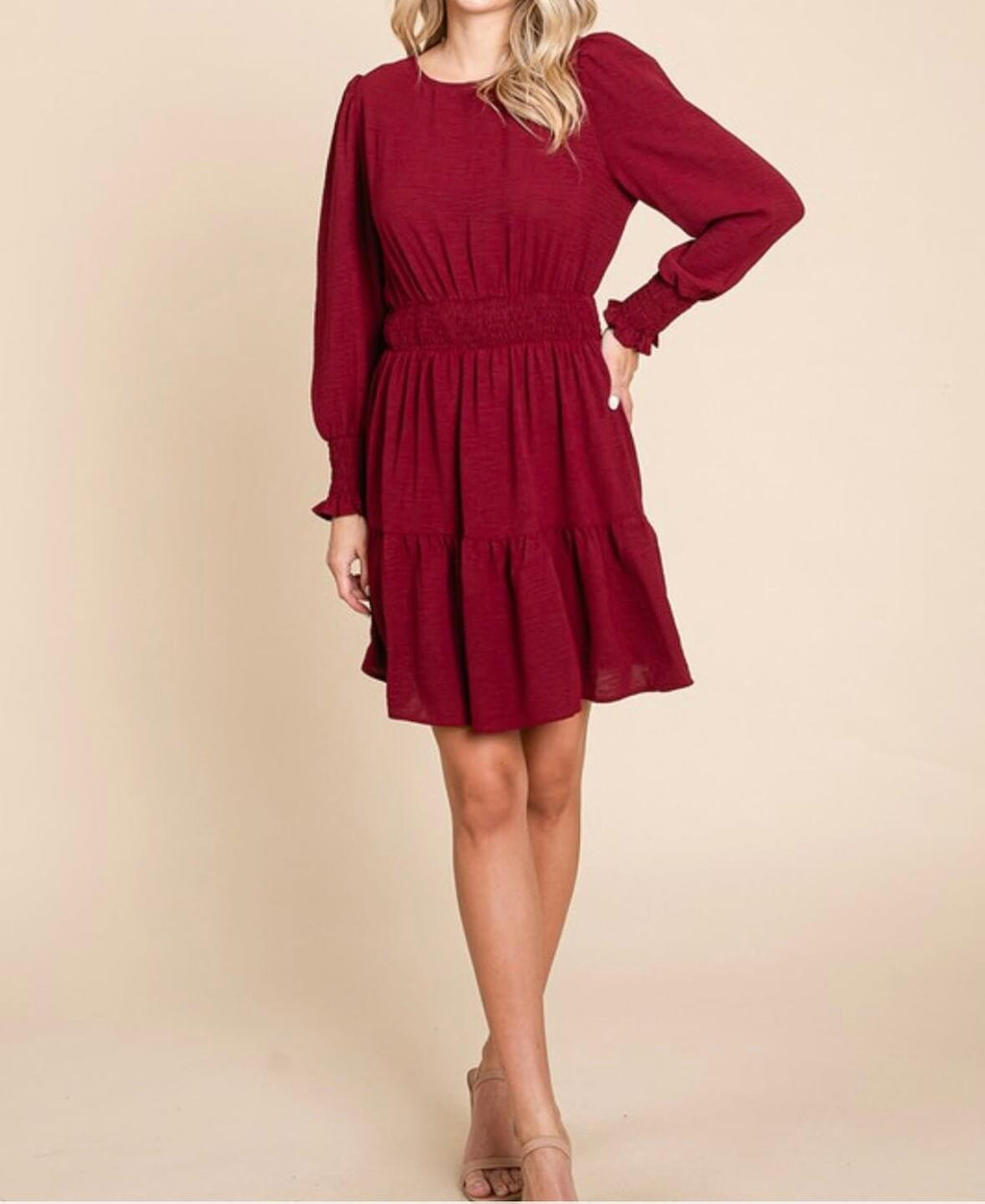 The Gabbie Dress: Long Sleeve Tiered Mini Dress - MomQueenBoutique