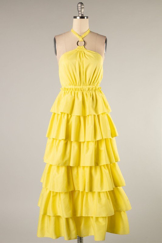 The Gavin Dress: Lime Tiered Ruffle Maxi Halter Dress - MomQueenBoutique