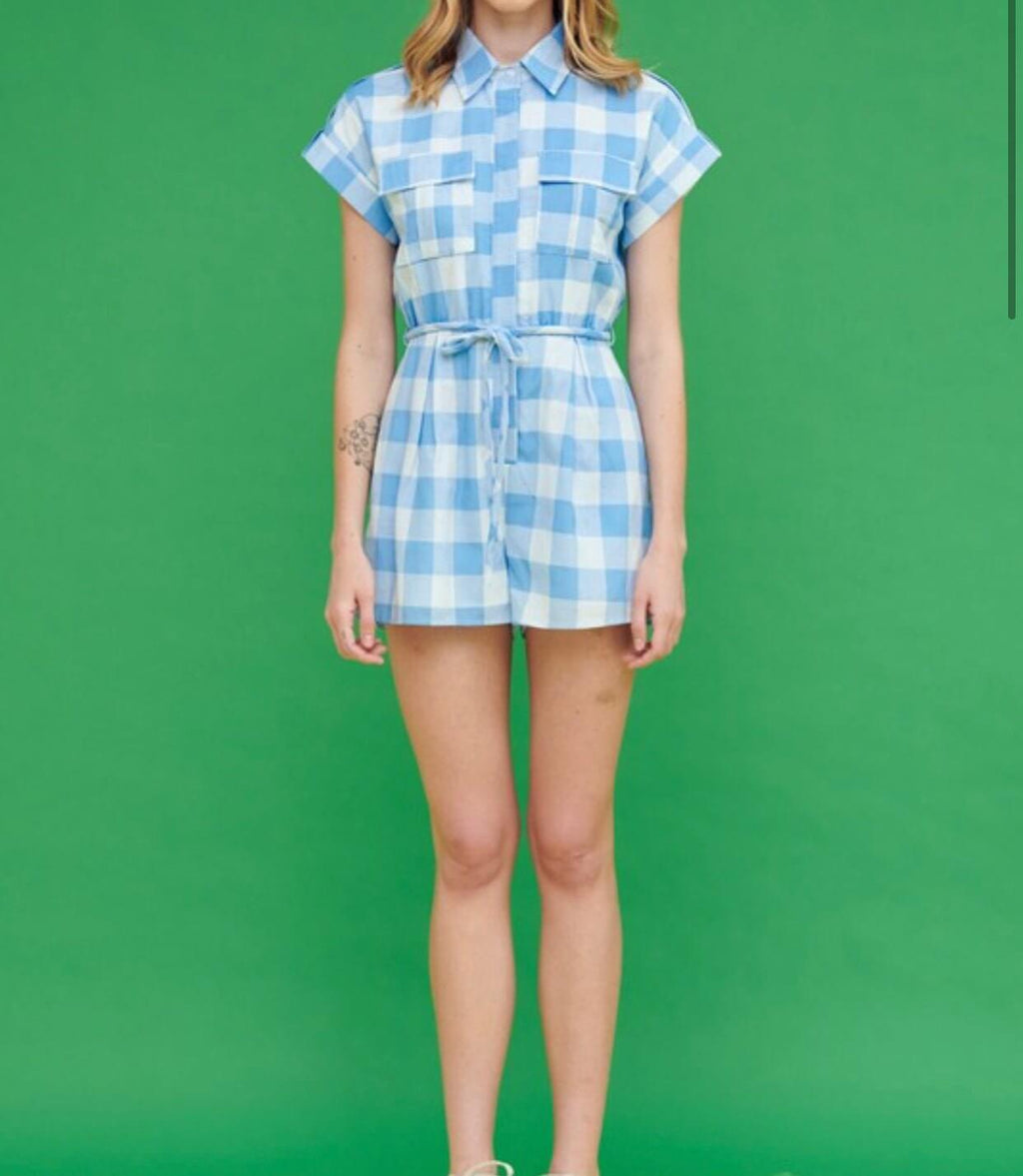 The Gina Romper: Blue Gingham Print Shirt Romper - MomQueenBoutique