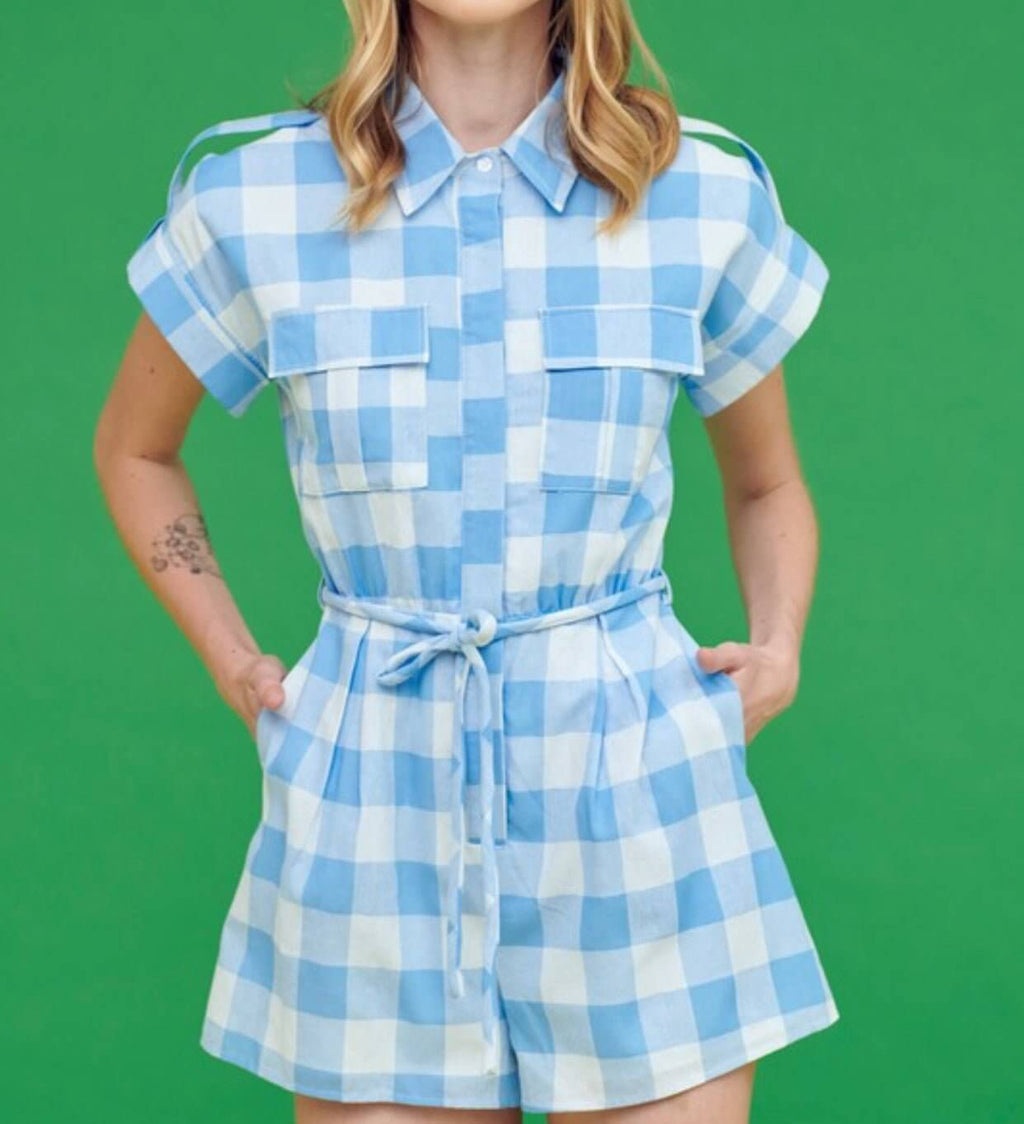 The Gina Romper: Blue Gingham Print Shirt Romper - MomQueenBoutique