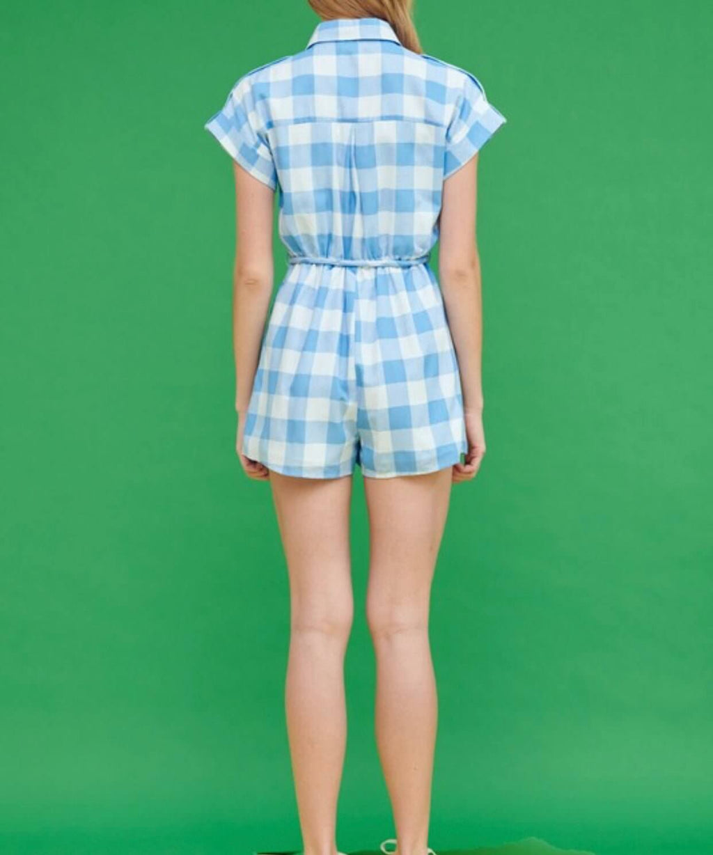 The Gina Romper: Blue Gingham Print Shirt Romper - MomQueenBoutique