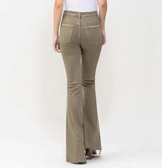 The Ginger Jeans: High Rise Green Flare Jeans - MomQueenBoutique