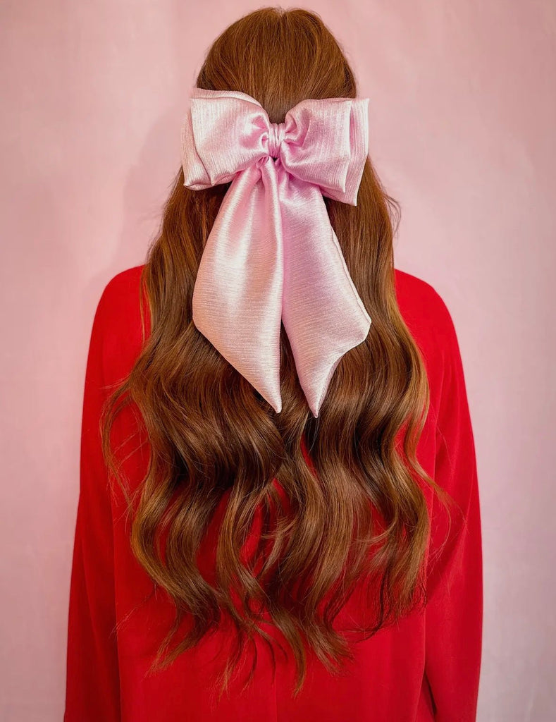 The Girly Girl Girls Bow: Oversized Pink Satin Hair Bow - MomQueenBoutique