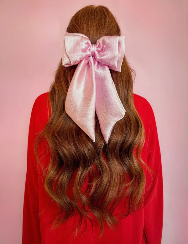 The Girly Girl Girls Bow: Oversized Pink Satin Hair Bow - MomQueenBoutique