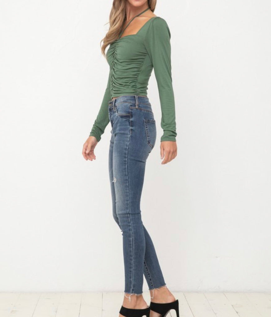 The Hailey Top: Long Sleeve Green Ruched Front Top - MomQueenBoutique