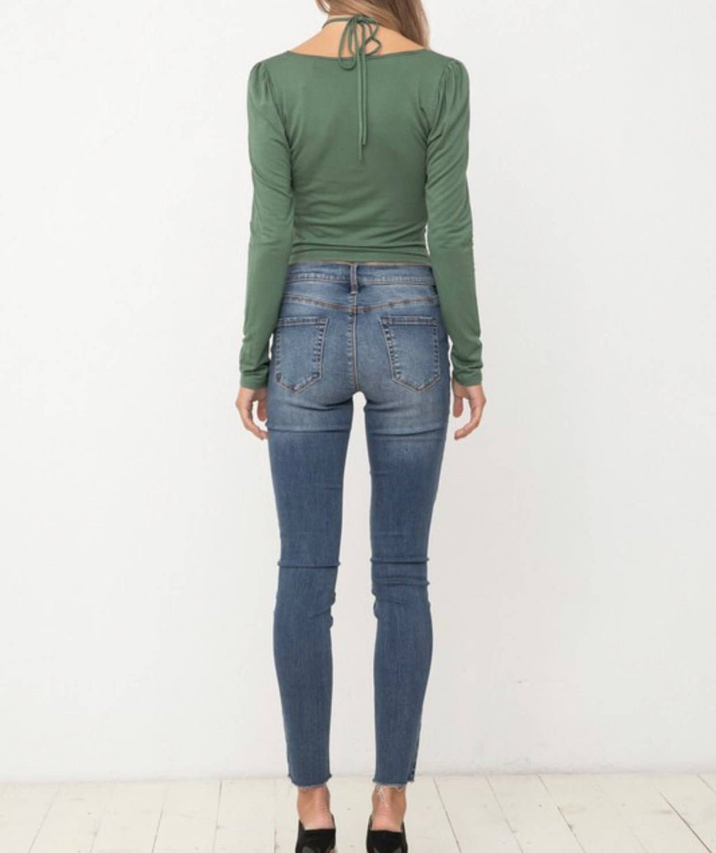 The Hailey Top: Long Sleeve Green Ruched Front Top - MomQueenBoutique