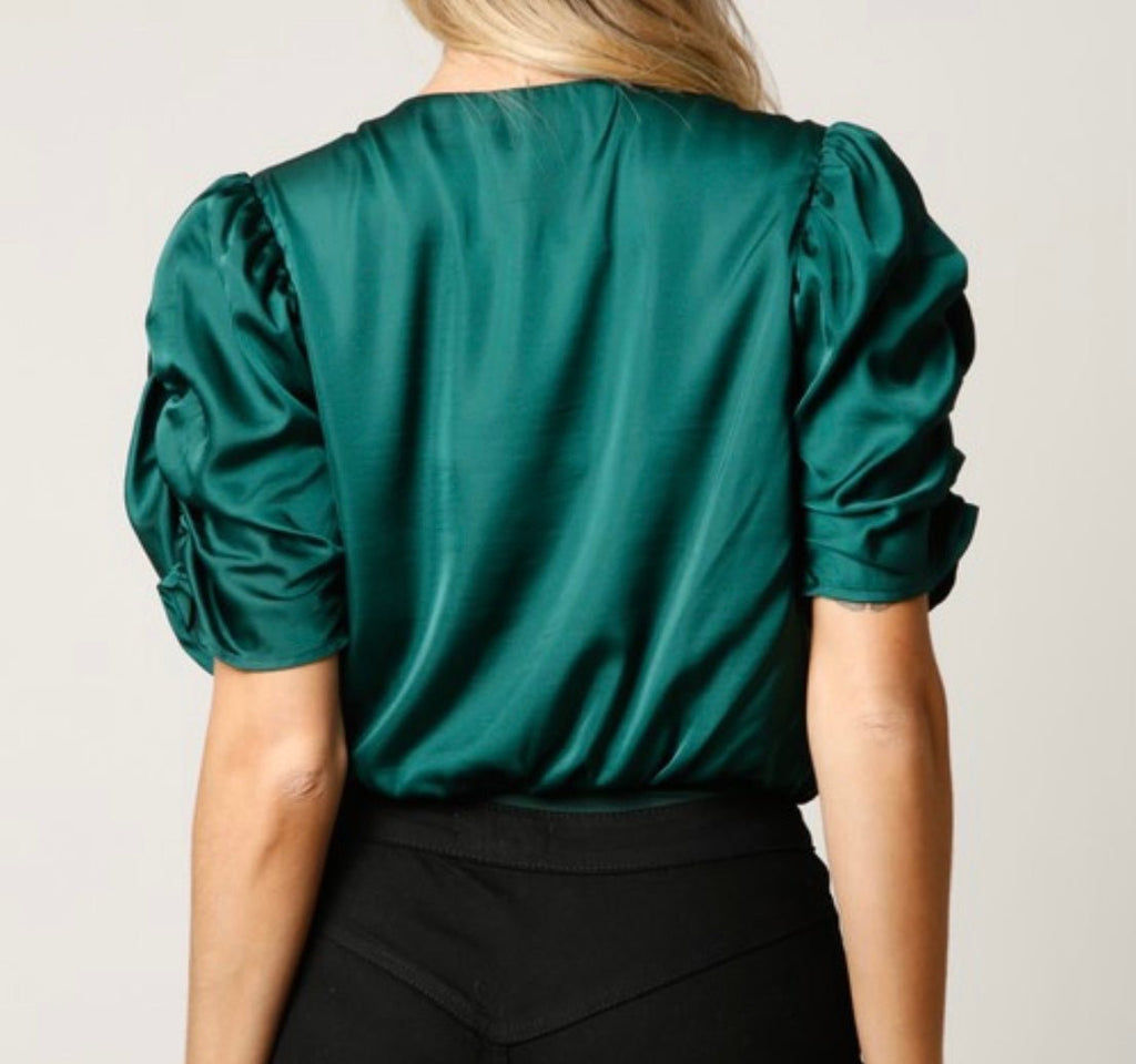 The Hazel Bodysuit: Short Cinched Sleeve Wrap Bodysuit - MomQueenBoutique