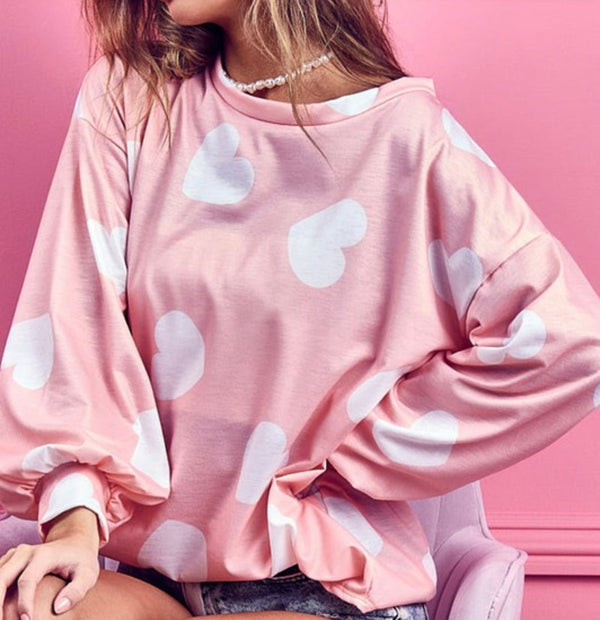 The Hearts For Days Sweatshirt: Heart Print Boat Neck French Terry Top - MomQueenBoutique