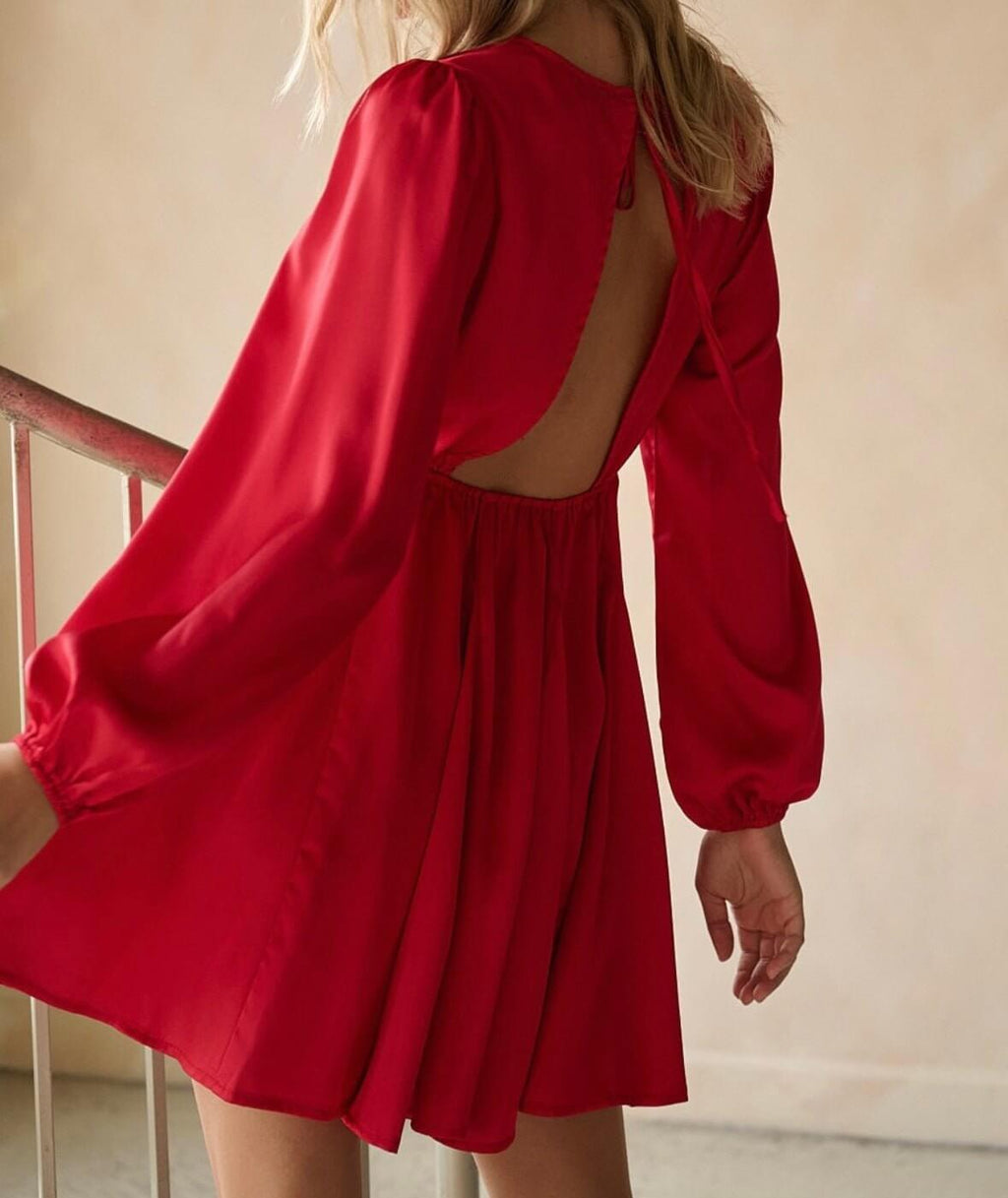 The Holly Dress: Satin Cut Out Back Mini Dress - MomQueenBoutique