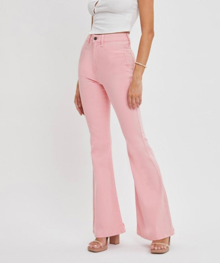 The Jael Jeans: Pink Bubblegum High Rise Flare Jeans - MomQueenBoutique