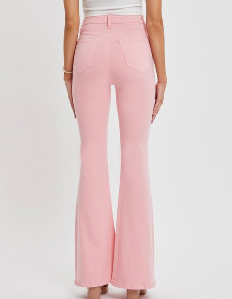 The Jael Jeans: Pink Bubblegum High Rise Flare Jeans - MomQueenBoutique