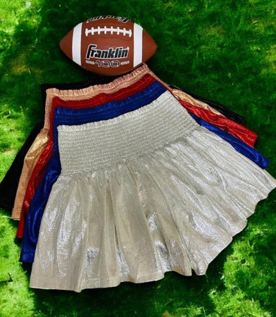 The Jeanie Shorts: Metallic Smocked High Waisted Game Day Shorts - MomQueenBoutique