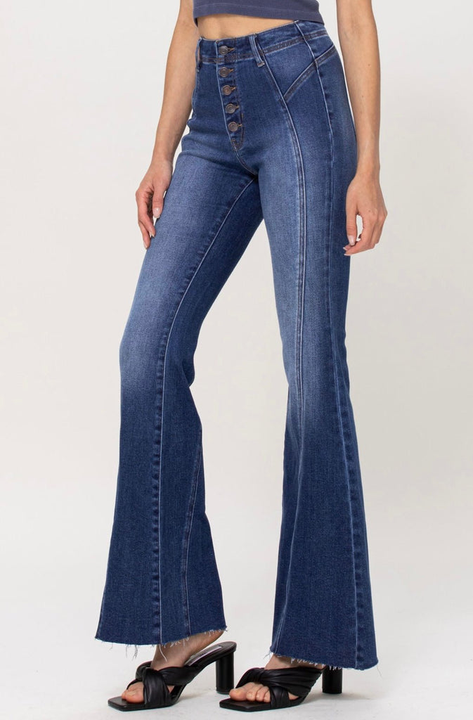The Jessica Jeans: High Rise Stretchy Denim Flare Jeans - MomQueenBoutique