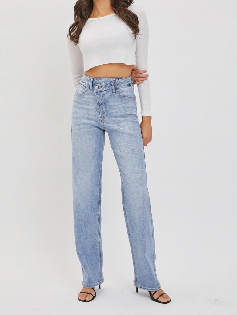 The Jillian Jeans: High Rise Asymmetrical Button Dad Jean - MomQueenBoutique