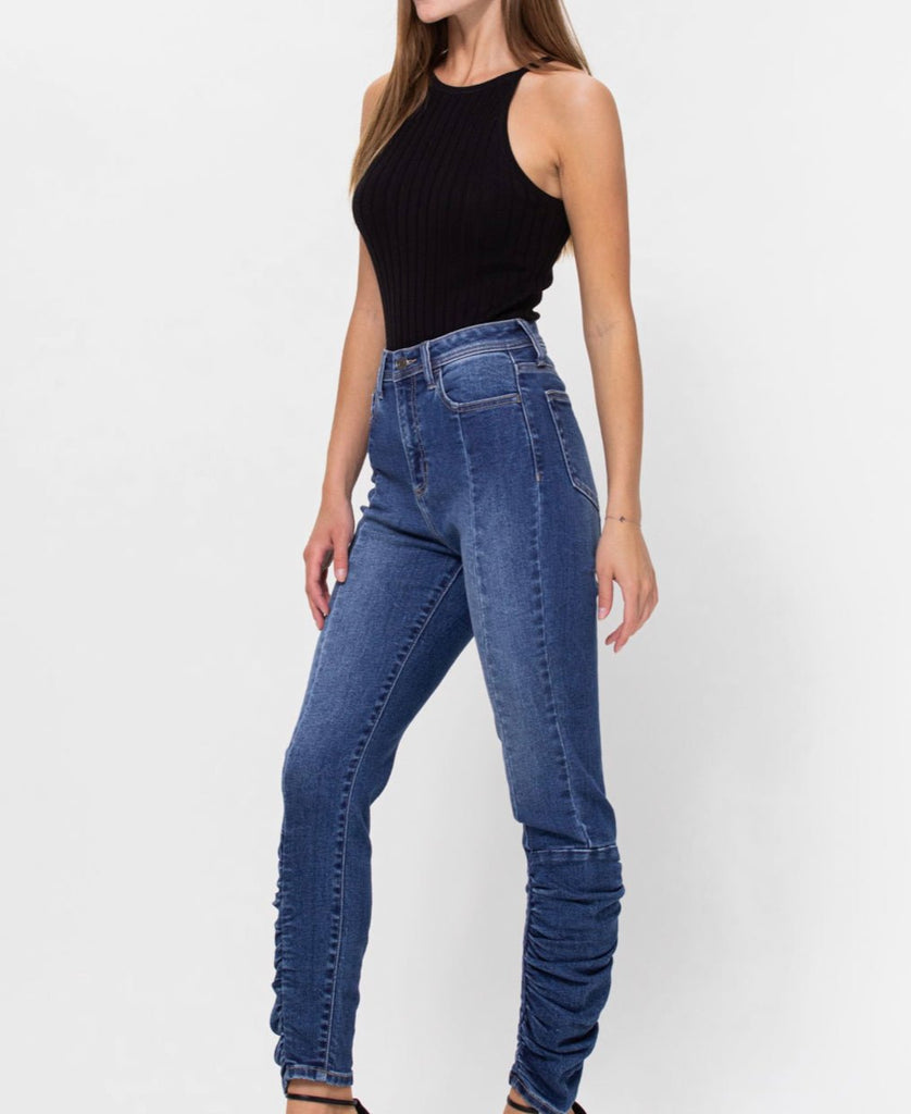 The Jeans: High Rise Ruched Bottom Skinny MomQueenBoutique
