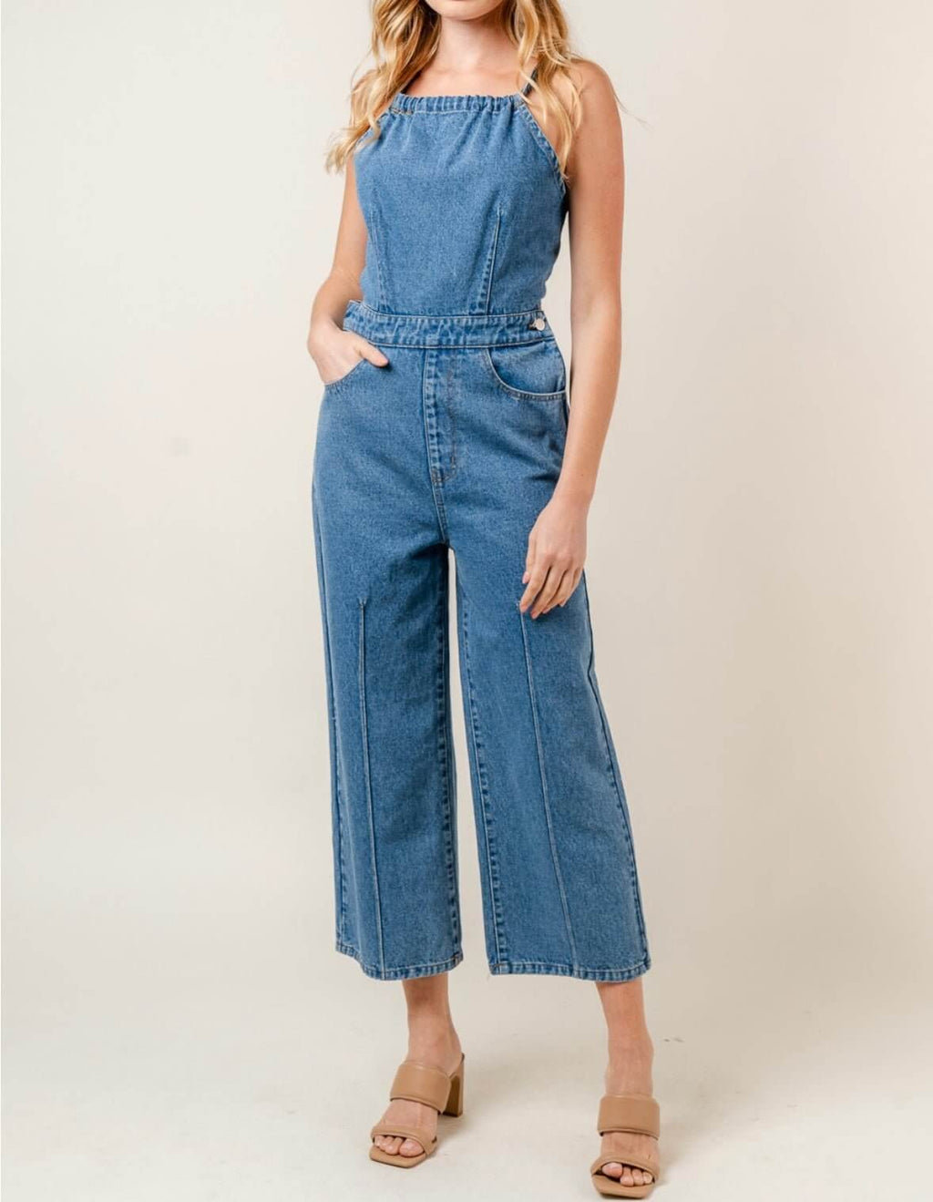The Joslyn Jumpsuit: Denim Halter Jumpsuit - MomQueenBoutique