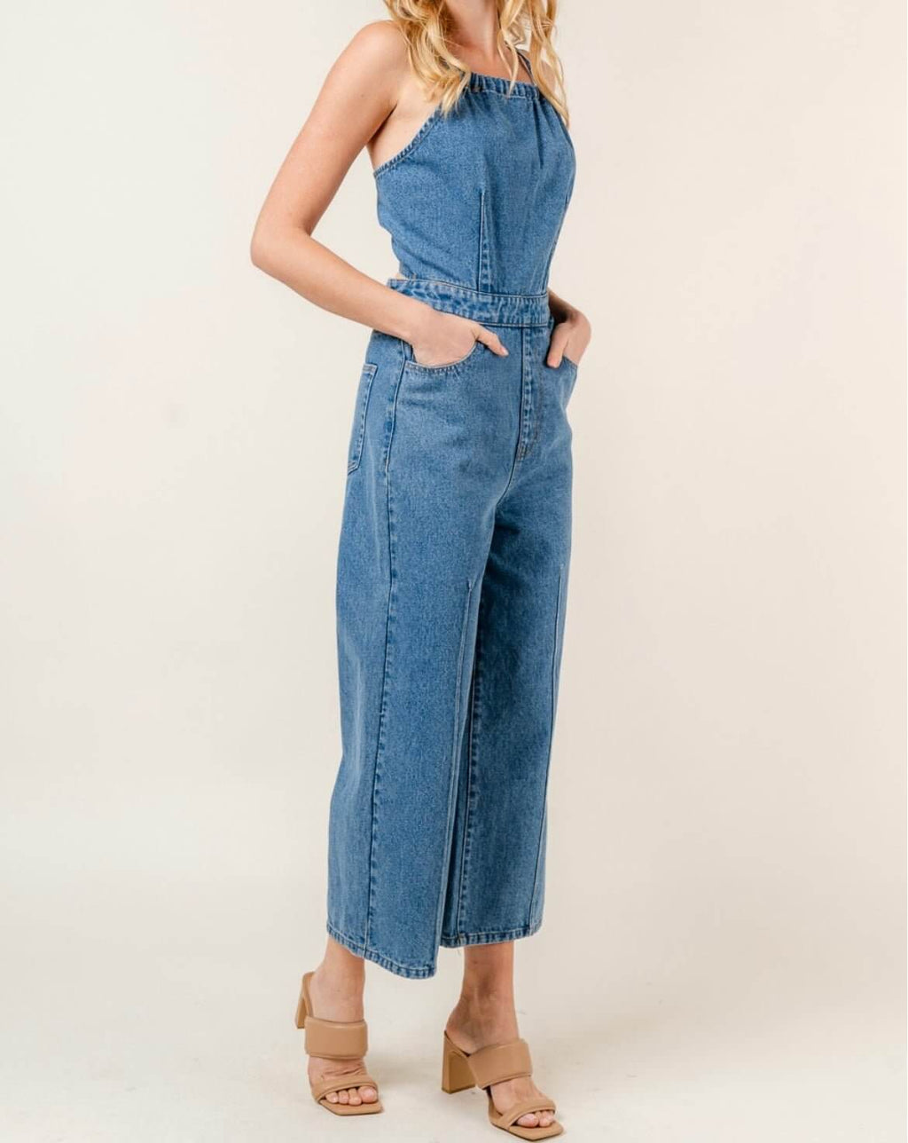 The Joslyn Jumpsuit: Denim Halter Jumpsuit - MomQueenBoutique