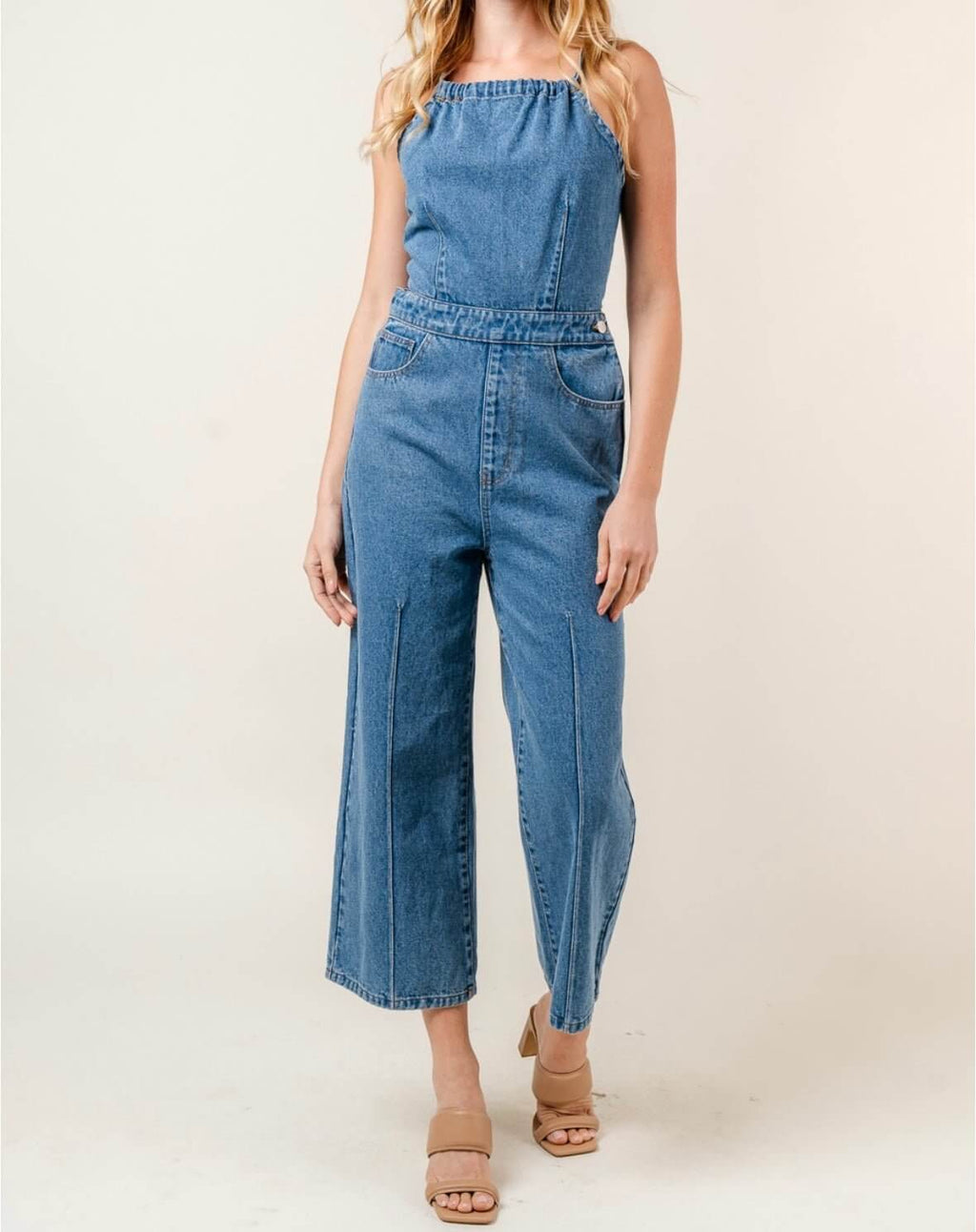 The Joslyn Jumpsuit: Denim Halter Jumpsuit - MomQueenBoutique