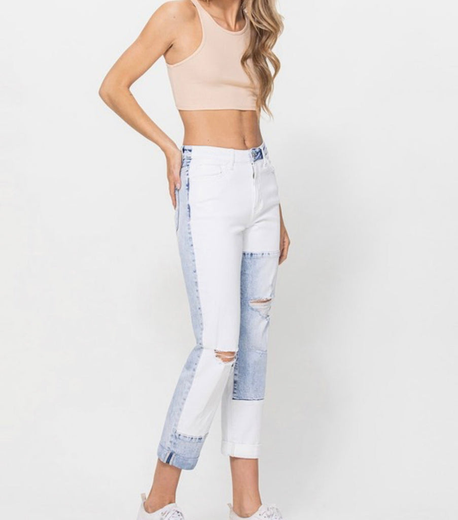 The Jude Jeans: Color Block Rolled Cuff Boyfriend Jeans - MomQueenBoutique