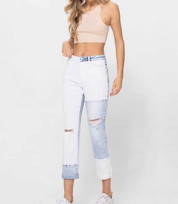 The Jude Jeans: Color Block Rolled Cuff Boyfriend Jeans - MomQueenBoutique