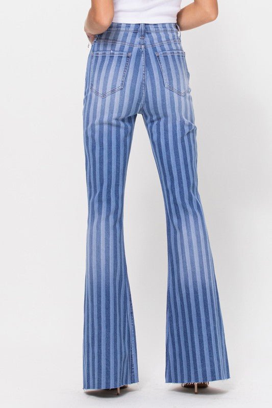 The Julia Jeans: High Rise Striped Stretchy Flare Jeans - MomQueenBoutique