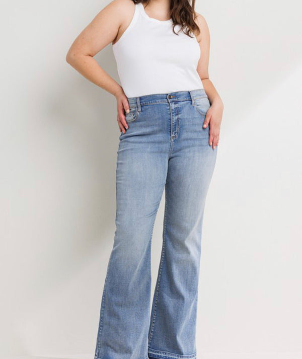 The Julie Jeans: High Rise Light Denim Flare Jeans - MomQueenBoutique