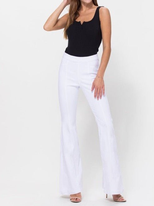 The July Jean: High Rise White Pull On Flare Jeans - MomQueenBoutique