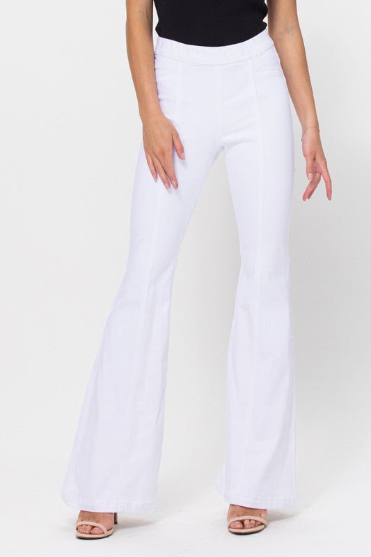 The July Jean: High Rise White Pull On Flare Jeans - MomQueenBoutique