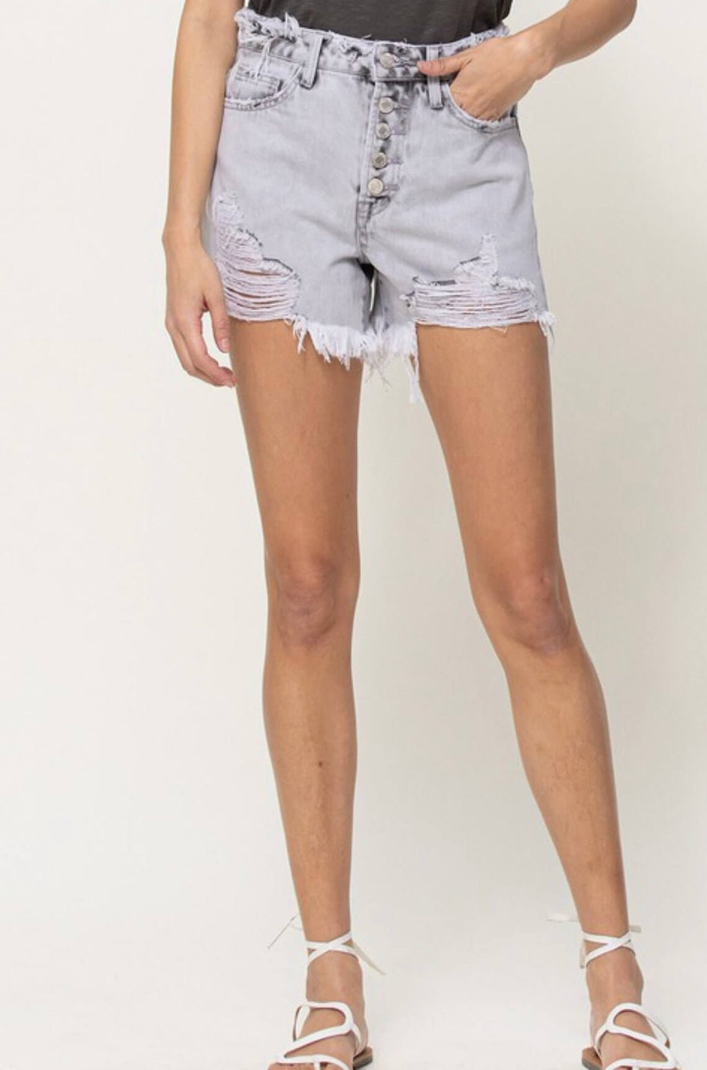 The June Shorts: High Rise Distressed Raw Waistband Grey Shorts - MomQueenBoutique
