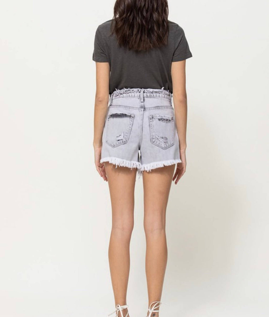 The June Shorts: High Rise Distressed Raw Waistband Grey Shorts - MomQueenBoutique