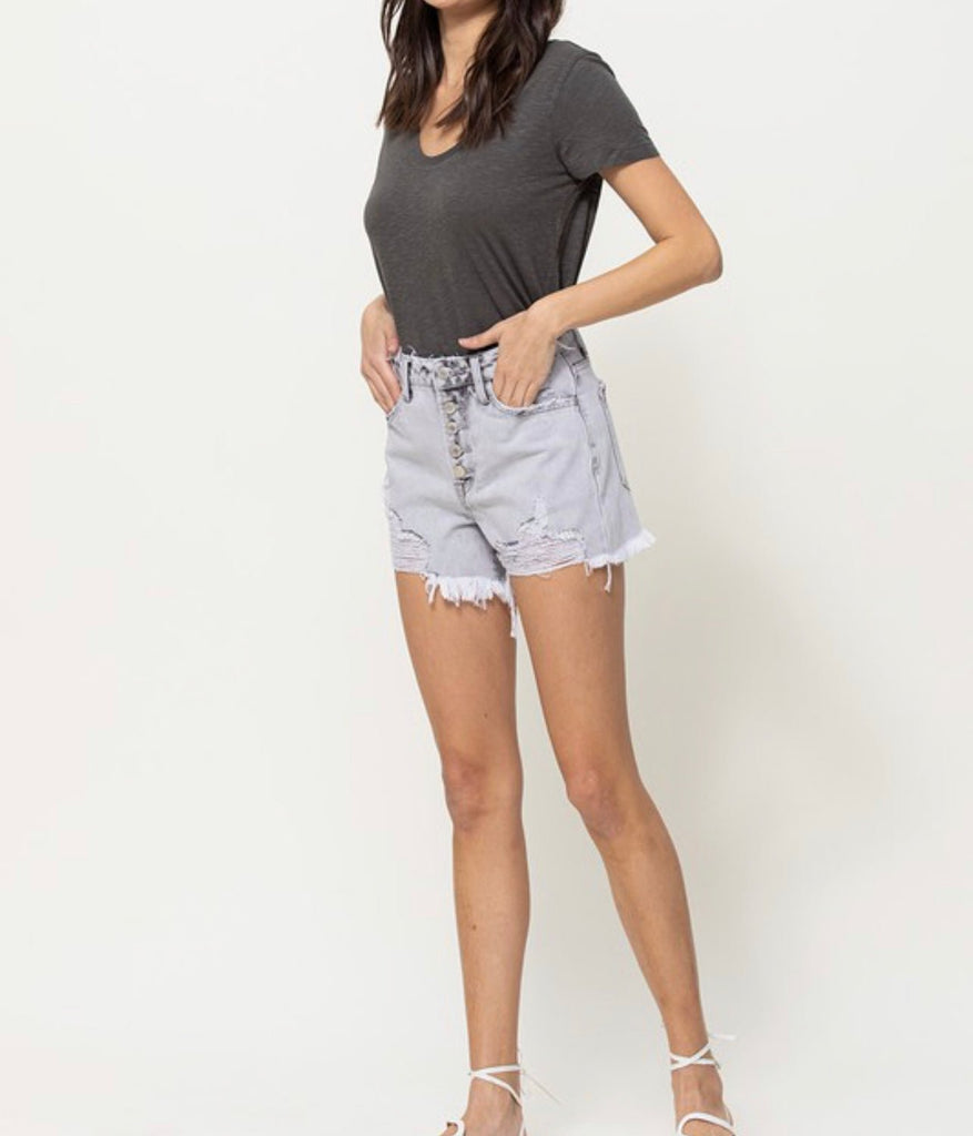 The June Shorts: High Rise Distressed Raw Waistband Grey Shorts - MomQueenBoutique