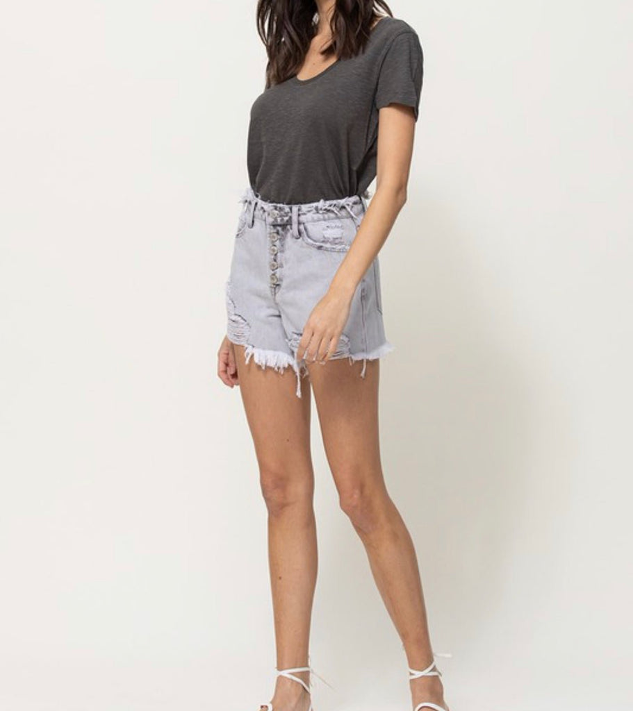 The June Shorts: High Rise Distressed Raw Waistband Grey Shorts - MomQueenBoutique