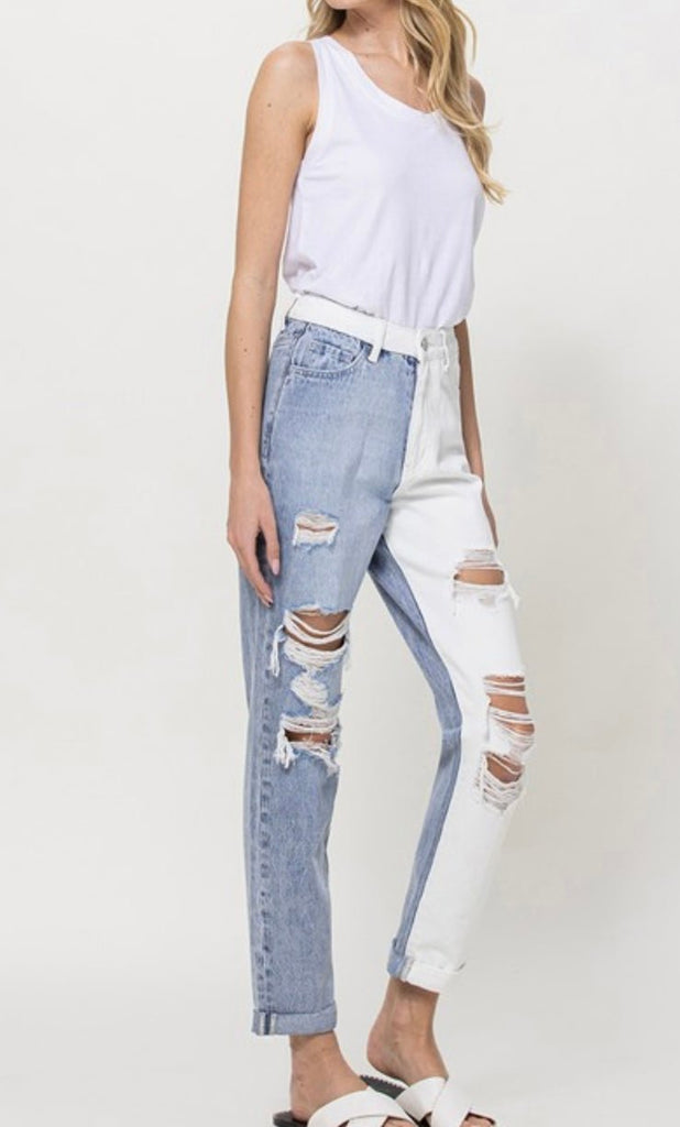 The Justice Jeans: Two Tone Distressed Mom Jean - MomQueenBoutique