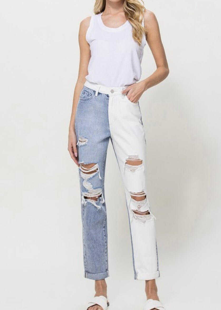 The Justice Jeans: Two Tone Distressed Mom Jean - MomQueenBoutique