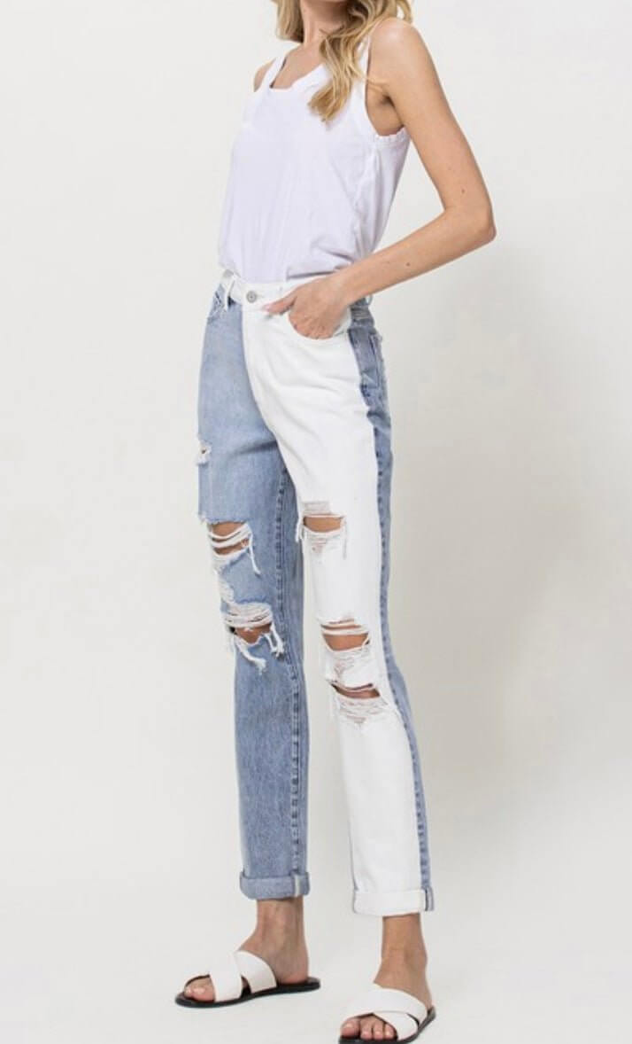 The Justice Jeans: Two Tone Distressed Mom Jean - MomQueenBoutique