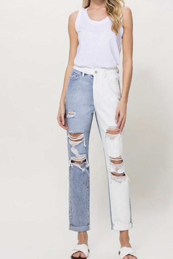 The Justice Jeans: Two Tone Distressed Mom Jean - MomQueenBoutique