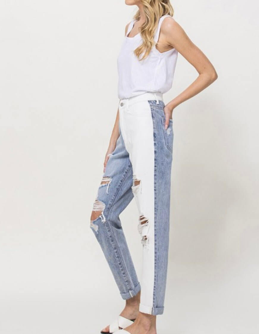 The Justice Jeans: Two Tone Distressed Mom Jean - MomQueenBoutique