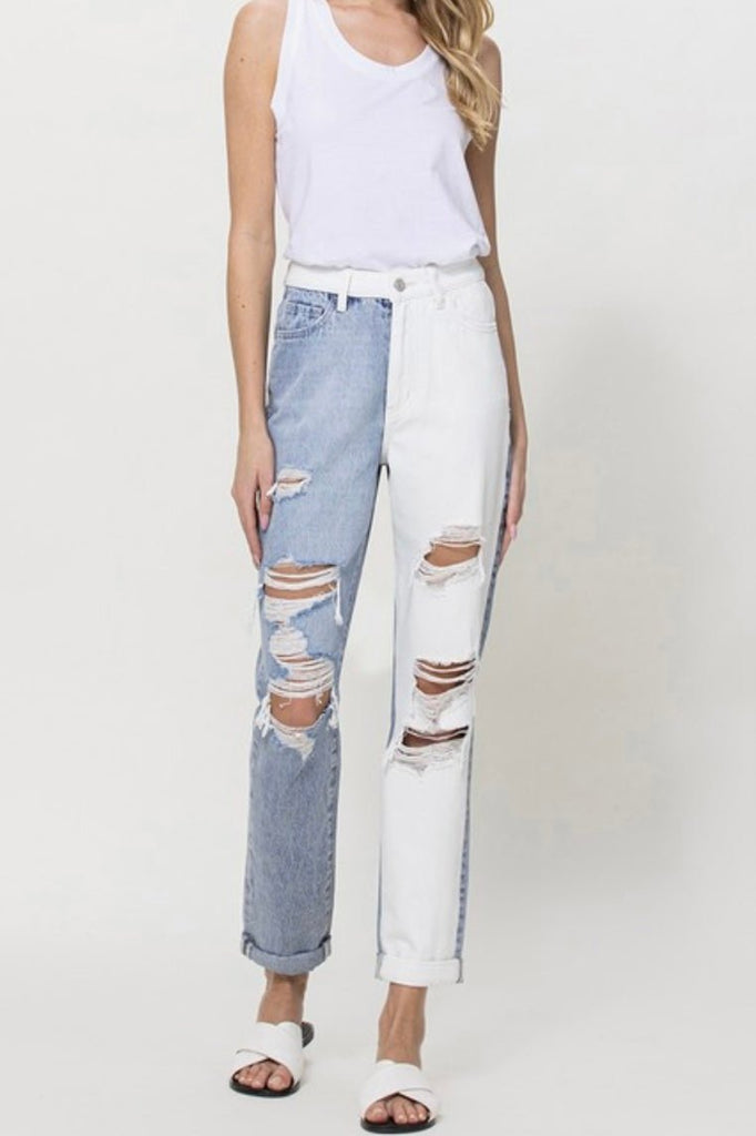 The Justice Jeans: Two Tone Distressed Mom Jean - MomQueenBoutique