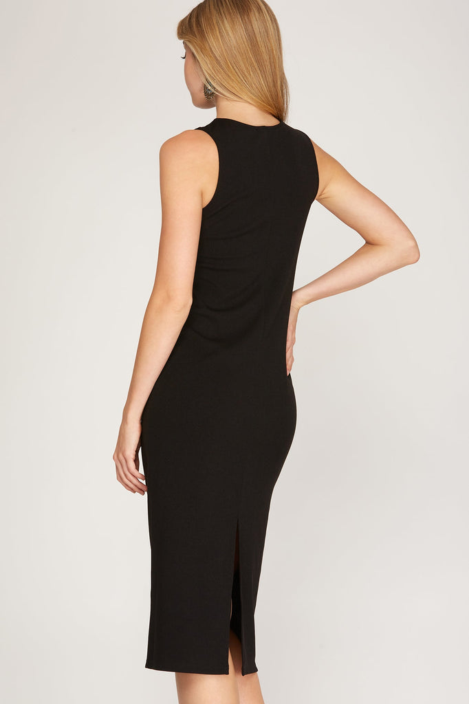The Kerry Dress: Sleeveless Knit Midi Dress W/ Back Slit Detail - MomQueenBoutique